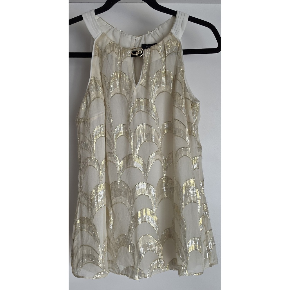 White House Black Market Silk Tank Top XS Gold Geometric Collared Party